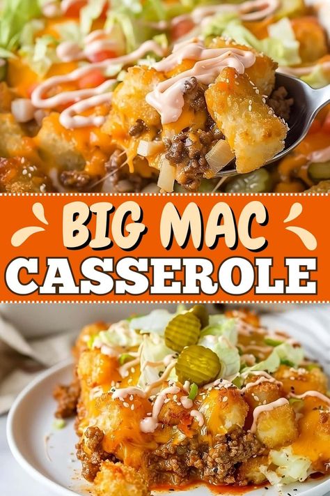 If you're a McDonald's fan, you'll adore this Big Mac casserole! It's loaded with beef, pickles, onions, cheese, lettuce, and the signature dressing you love! Big Mac Cheeseburger Casserole, Dinner For Men, Ground Burger Recipes, Cheesey Recipes, Supper Casseroles, Crockpot Casseroles, Big Mac Casserole, Summer Casseroles, Pickles Onions