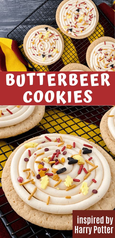 These delicious, homemade Butterbeer Cookies have a buttery, vanilla sugar cookie topped with and fluffy butterbeer buttercream icing and Harry Potter inspired sprinkles. Butterbeer Cookies, Homemade Butterbeer, Butter Beer Recipe Harry Potter, Harry Potter Cookies, Cottage Bakery, Family Blessings, Harry Potter Butter Beer, Butterbeer Recipe, Butter Beer