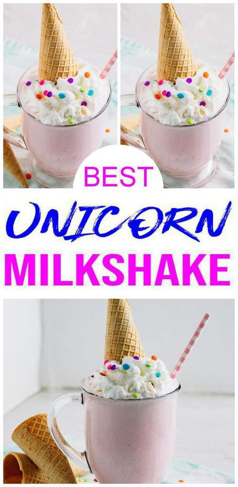 unicorn milkshake with ice cream & ice cream cone edible horn Milkshake Flavor Ideas, Sherbet Milkshake, Milkshake Ideas Homemade, Ice Cream Shakes Milkshakes, Unicorn Shake, Milkshake Party, Monster Shakes, Kids Milkshake, Milkshake Ideas