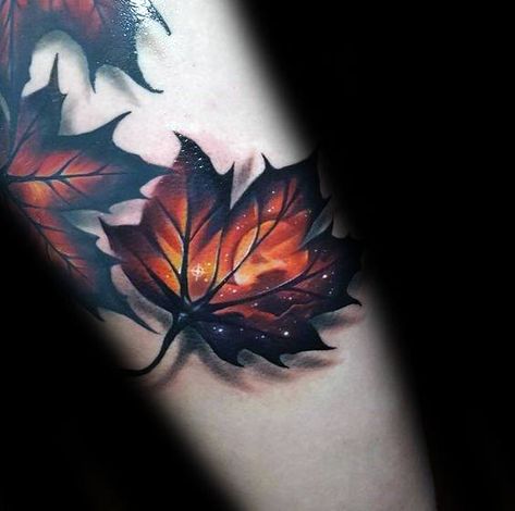 Guys Glowing Fall Leaf Forearm Tattoo Fall Leaves Tattoo, Dr Tattoo, Tato 3d, Tatoo 3d, Autumn Tattoo, Leaf Tattoo, Tattoos Geometric, Halloween Tattoo, 3d Tattoo