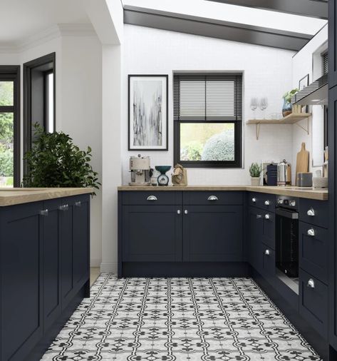 Kitchens | Fitted Kitchen Ranges UK | Magnet-Magnet Midnight Blue Kitchen, Blue Shaker Kitchen, White Herringbone Tile, Kitchen Wall Cabinet, Blue Kitchen Island, Cabinet Sizes, Magnet Kitchen, Free Kitchen Design, Best Hacks