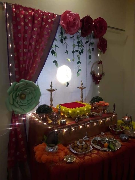 Pooja Decoration Ideas At Home Diy, Dasha Maa Decoration, Gauri Pujan Decoration, Diwali Backdrop Ideas For Home, Gauri Ganpati Decoration Ideas At Home, Gauri Decoration Ideas At Home, Diwali Puja Decorations At Home, Navaratri Decoration Ideas At Home, Diwali Pooja Decoration At Home