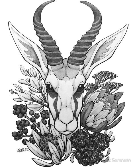 Springbok & Fynbos by Britt Sorensen Springbok Tattoo South Africa, Fynbos Art, Fynbos Illustration, South African Tattoo, Rugby Tattoo, Feminine Shoulder Tattoos, Dibujos Ideas, Grandma Tattoos, Africa Tattoos