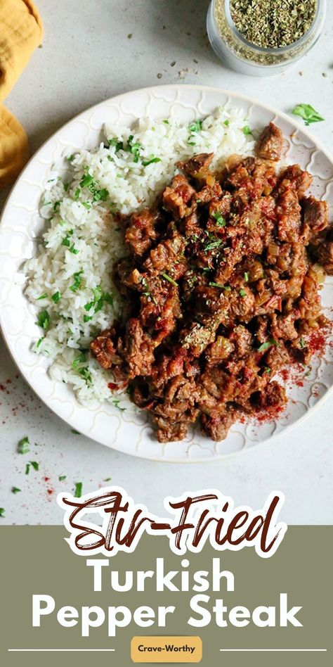 I frequently prepare this delicious and simple Turkish pepper steak meal for my family. Beef cubes are stir-fried with tomatoes, garlic, onion, and sweet green peppers until the meat is fork-tender. #peppersteak #steak #recipe Beef Pepper Steak, Buttery Rice, Beef Cubes, Pepper Steak Recipe, Cubed Steak, Cube Steak Recipes, Delicious Family Meals, Green Peppers, Pepper Steak