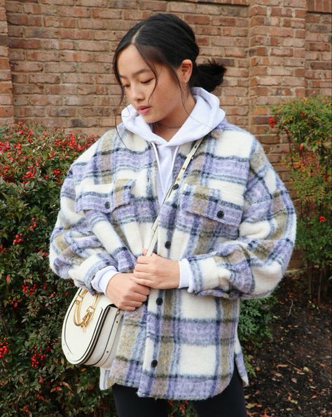 Purple Plaid Jacket Outfit, Purple Plaid Shacket Outfit, Purple Shacket Outfit, Shacket Outfit Spring, Shacket With Hoodie, Shaket Jacket Outfit, Shacket Outfits, Plaid Jacket Outfit, Shacket Outfit