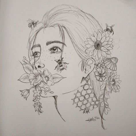 A sketch of a woman with nature.  #sketchofawoman #drawing #naturedrawing #womansface #beedrawing Butterflies Coming Out Of Head Drawing, Flowers Coming Out Of Mouth Drawing, Flower Head Sketch, Human Nature Drawing, Half Face Half Flower Drawing, Human And Nature Art Drawings, Sketch Book Ideas Aesthetic Human, Face With Flowers Drawing, Flower Person Drawing