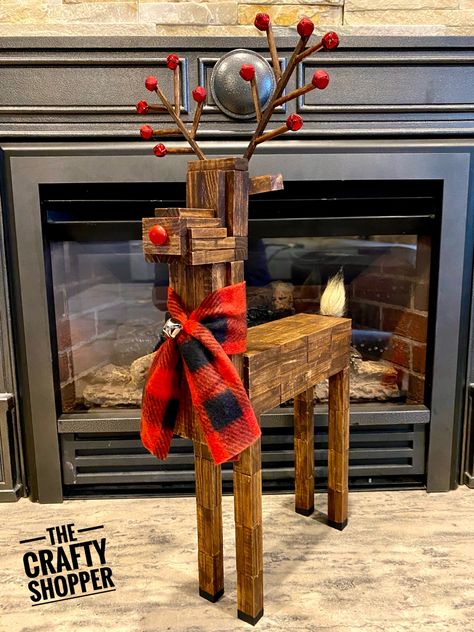 I thought I share my Jenga Block Reindeer stand, took just under 4 boxes to make. I just love reindeers 😊. He's just over 2 feet tall. You can put a plant or even some gnomes on the back. #jengablocks #tumblingtowerblocks #dollartree #dollarama #jengablockcrafts #thecraftyshopper #dollartreecrafts #reindeercrafts #dollartreechrismas #jengablockreindeer #dollartreecrafts #dollartreechristmas #dollartreejengablocks #tumblingtowers #dollartreetumblingtowers #thecraftyshopper #farmhouse #woodanimal Jenga Block Reindeer, Block Reindeer, Jenga Blocks, Wood Block Crafts, Dollar Store Diy Projects, Diy Dollar Tree Decor, Block Craft, Dollar Tree Decor, Dollar Tree Diy Crafts