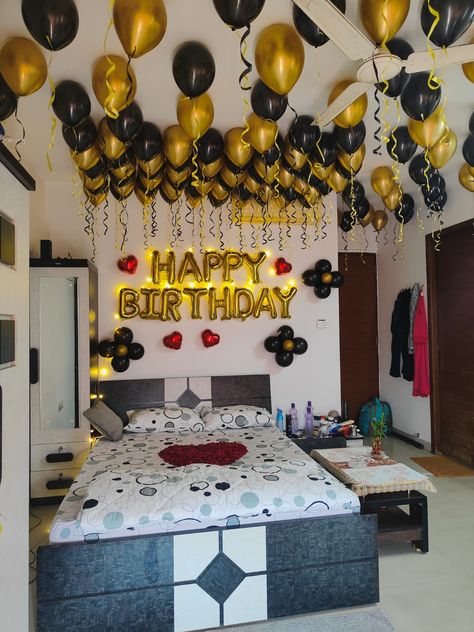 We provide Decoration Services at Pune,Mumbai,Aurangabad Contact for Booking:-8793526944/8149122803 Room Balloon Decoration, Room Decoration For Birthday Surprise, Husband Birthday Decorations, Easy Room Makeover, Birthday Room Decor, Sangeet Function, Boyfriends Birthday Ideas, Birthday Chair, Black And Gold Birthday