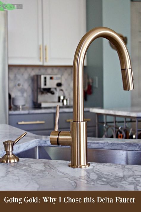 Delta Gold Trinsic Kitchen Faucet, Chic and Super Functional in Champagne Bronze Champagne Bronze Kitchen Faucet, Champagne Bronze Kitchen, Delta Champagne Bronze, Bronze Kitchen Faucet, Gold Kitchen Faucet, Marble Bathroom Accessories, Best Kitchen Faucets, Gold Faucet, Bronze Kitchen