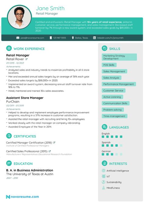 Get inspired by this Retail Manager Resume example to make your own. Retail Manager, Resume Summary, Retail Sales, Manager Resume, Retail Experience, Resume Format, Sales Manager, Cover Letter Template, Management Skills