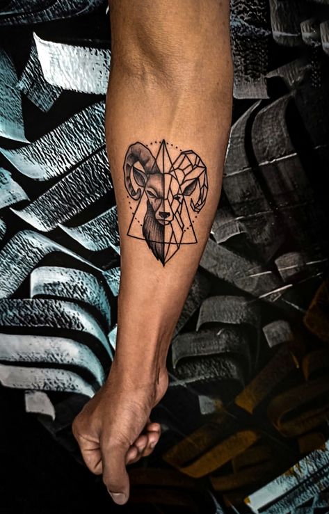 Aries Tattoo For Men Chest, Aries Tattoo For Men Forearm, Geometric Ram Tattoo, Aries Zodiac Tattoos For Man, Small Aries Tattoo For Men, Aries Men Tattoo, Aries Tatoos Men, Aires Tattoo Men, Aries Forearm Tattoo