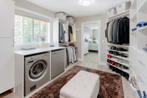 Washer And Dryer In Closet Walk In, Walkin Closet With Washer And Dryer, Laundry Room And Walk In Closet, Master Closet With Washer Dryer, Master Closet Laundry Room Ideas, Master Closet With Laundry Layout, Laundry Walk In Closet, Walk In Closet With Laundry Room, Laundry Master Closet Combo