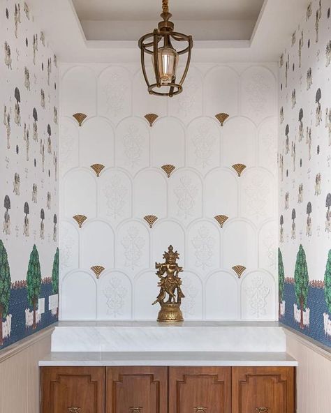 Kalakaari Haath on Instagram: “SPOTTED : Our Raas White wallpaper in this beautiful project by @onestinteriors - Photo courtesy : @onestinteriors @phxindia . . . . . .…” Mandir Design, Pantone Palette, Pooja Room, Indian Aesthetic, Pooja Rooms, White Wallpaper, Feature Wall, Double Vanity, Bathroom Vanity