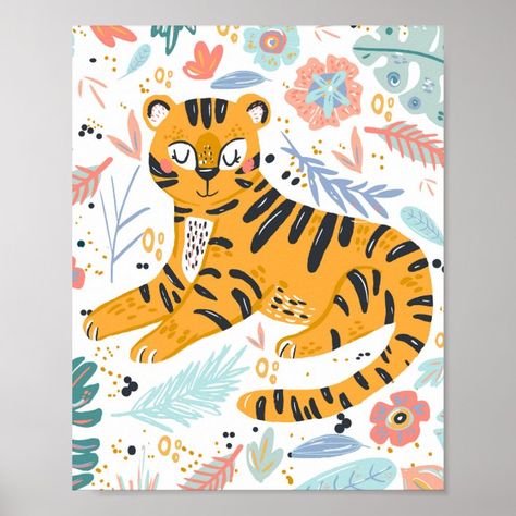 Cute Tiger Art Poster - Tiger Gift Cute Tiger Art, African Safari Nursery, Top Lila, Savannah Art, Room Pastel, Jungle Theme Nursery, Tiger Gifts, Kids Playroom Decor, Cute Tiger