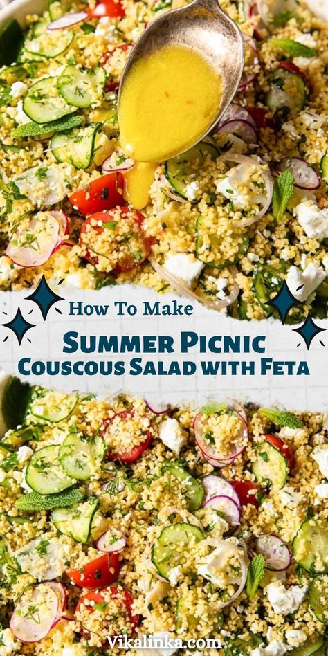 Summer Couscous Salad Recipes, Dressing For Couscous Salad, Sauce For Couscous, Coucous Salad Recipes Feta, Couscous Salad Dressing, Lemony Salad, Summer Couscous Salad, Summer Picnic Salads, Vegetable Couscous Salad