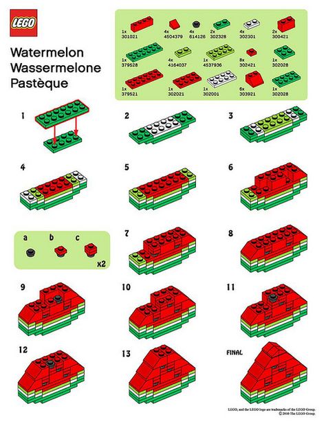 LEGO Store MMMB - July '10 (Watermelon) Instructions by TooMuchDew, via Flickr Lego Diy Crafts, Lego Food, Easy Lego Creations, Lego Challenge, Lego Building Instructions, Construction Lego, Lego Christmas, Lego Diy, Lego Activities