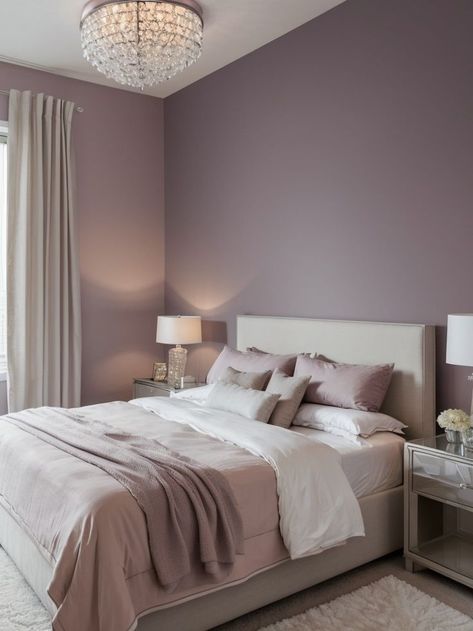 Create a tranquil atmosphere in your bedroom with a light mauve accent wall using soft pastel shades. Complement the look by incorporating sleek modern furniture pieces and adding a touch of elegance with crystal pendant lights. Mauve Accent Wall, Light Purple Bedroom Ideas, Purple Wall Bedroom, Bedroom Purple Walls, Light Purple Bedroom, Mauve Bedroom, Crystal Pendant Lights, Bedroom Inspiration Cozy, Purple Bedrooms