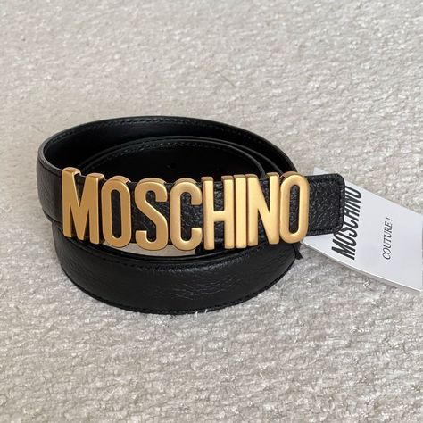 Moschino Gold Logo Buckle Black Leather Belt, Size 44 Moschino Belt, Girls Belts, Tan Leather Belt, Pink Belt, Suede Belt, Studded Belt, Brown Leather Belt, Black Leather Belt, Vintage Belts