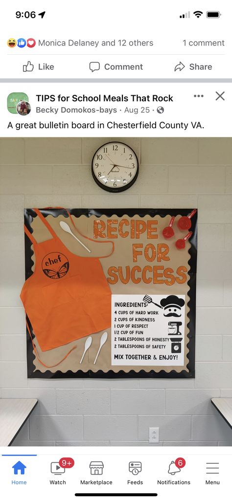 High School Cafeteria Decorations, Facs Bulletin Boards, Culinary Bulletin Boards, Classroom Kitchen Ideas, Food Theme Classroom, Cooking Bulletin Board, Work Recognition Board Ideas, Cafeteria Decorations Ideas School, Culinary Classroom Decor