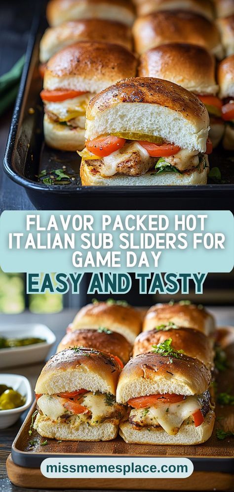 Score big with Flavor-Packed Hot Italian Sub Sliders this game day! These scrumptious mini sandwiches combine layers of delicious Italian meats, provolone cheese, and spicy banana peppers, all baked to golden perfection. They are easy to assemble and perfect for sharing with friends while enjoying the game. Set up a slider station for guests to customize their toppings, making it a fun and interactive experience. Super Bowl Party Sliders, Family Dinners Easy, Italian Sub Sliders, Sub Sliders, Slider Station, Hawaiian Sliders, Hot Sandwich Recipes, Slider Sandwiches, Dinners Easy