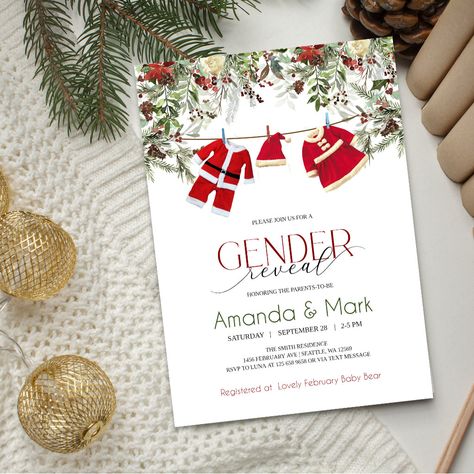 December Gender Reveal Party, Santa Baby Gender Reveal Ideas, Gender Reveal Themes Christmas, Gender Reveal December, Christmas Gender Reveal Invitations, February Baby, Modern Holiday Decor, Gender Reveal Invitations, Modern Holiday