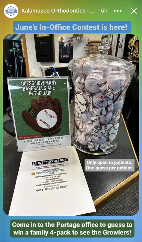 Embracing Innovative Orthodontics - Portage, Kalamazoo, Paw Paw, MI: KO-in-office baseball contest. Fun Contest Ideas For Work, Orthodontic Office Contest Ideas, Orthodontic Office, Contest Ideas, Staff Appreciation Week, National Donut Day, 26 March, Paw Paw, 25 November