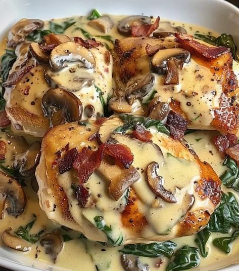 Smothered Chicken With Creamed Spinach, Chicken With Creamed Spinach, Mushroom Garlic, Kitchen Secrets, Spinach Chicken, Hearty Dinner Recipes, Smothered Chicken, Bacon Stuffed Mushrooms, Grandma's Kitchen