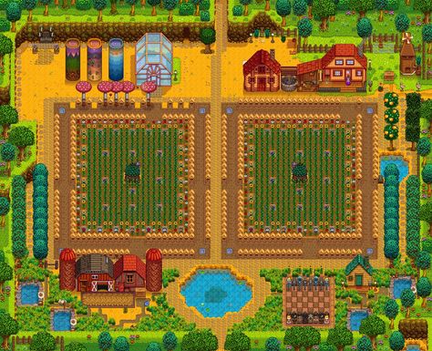 Love the rarecrow chessboard Junimo Hut Layout, Stardew Junimo, Stardew Valley Layout, Farm Layout, Proof Of Concept, Early Winter, Sprinklers, Stardew Valley, Flower Seeds