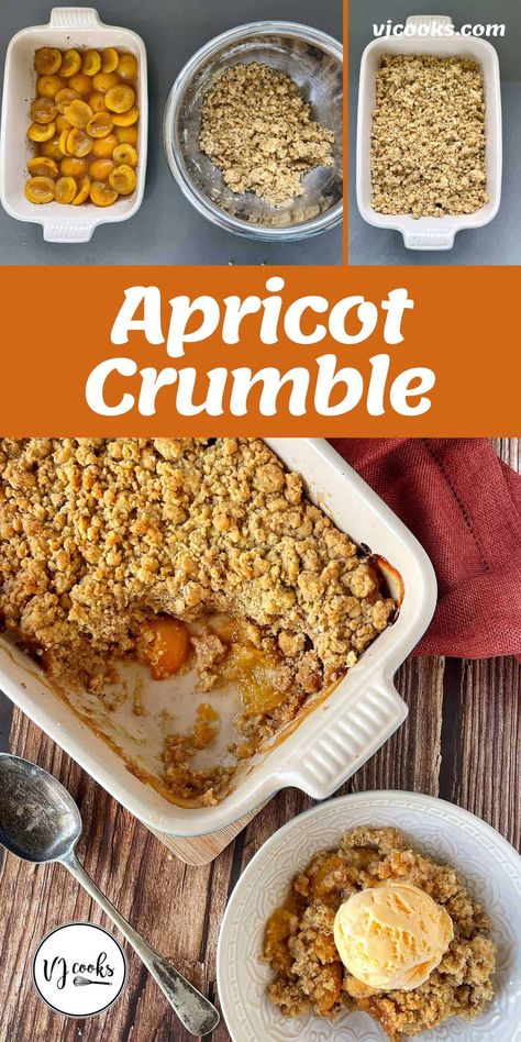 A delicious wintry dessert made from canned apricot halves and a buttery golden crumble topping. This affordable dessert is super easy to whip up and can be made with your favourite canned, stewed or fresh fruit. #vjcooks #winterdesserts #cannedfruit #applecrumble #apricotcrumble Fruit Crumble Topping, Apricot Crisp Recipes, Canned Apricot Recipes, Apricot Crumble Recipe, Apricot Desserts, Apricot Crisp, Crumbles Recipes, Apricot Crumble, Crumble Recipes