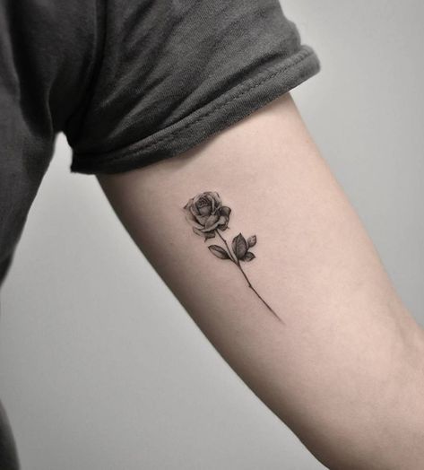 Single needle rose tattoo on the left inner arm. Inside Of Arm Tattoo, Sanskrit Tattoo, Rose Tattoos For Women, Sailor Jerry Tattoos, Small Rose Tattoo, Tattoo Trend, Chicano Tattoos, Flower Tattoo Arm, Disney Tattoo