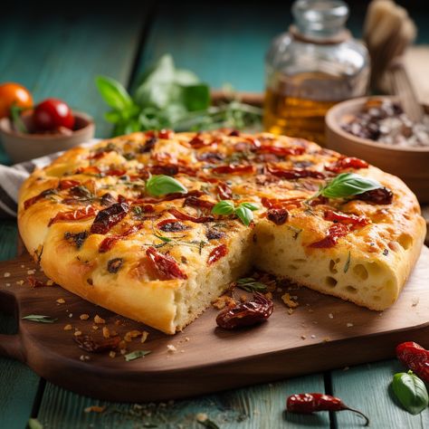 Add some flavor to your bread game with our Basil and Sun-Dried Tomato Focaccia Bread! 🌿🍅 Perfect for brunch or a summer dinner, this golden brown bread will impress your guests. 😍 Get the recipe on our website. #FancyFox #AIRecipes Sundried Tomato Basil Bread, Tomato Basil Bread Recipe, Tomato Focaccia, Basil Bread, Focaccia Bread Recipe, Sundried Tomato, Brown Bread, Focaccia Bread, Italian Bread