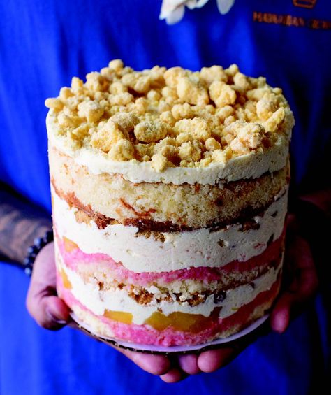 Pineapple Layered Cake, Pineapple Upside Down Layer Cake, Layered Pineapple Upside Down Cake, Tropical Cake Recipes, Multi Layered Cake, Milk Bar Cake Crumbs, Cake With Crunchy Layer, Pineapple Macadamia Nut Cake, Milk Bar Cake Recipe