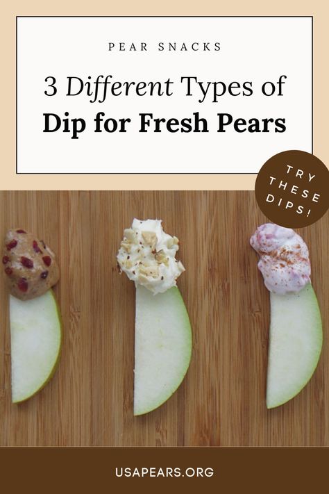 We share 3 different types of dip for fresh pears. This is a fun and simple way to serve fresh USA Pears as a snack or appetizer. Fruit dip is a great after school snack for kids or can be shared as party appetizer. These 3 unique fruit dips each have a different flavor, from tangy to sweet, there's a dip for everyone to enjoy. Be sure to check out these easy fruit dips for an easy snack. Pear Snacks, Apps For A Crowd, Recipes For Pears, Pear Appetizer, Benefits Of Pears, Pear Chips, Different Dips, Appetizer Fruit, Pear Jelly