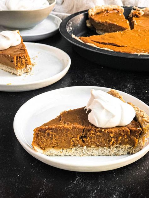 'Healthier' Pumpkin Pie with Homemade Oat Flour Crust - Gina Gibson Oat Flour Pie Crust Recipe, Oat Flour Crust, Oat Flour Pie Crust, Homemade Oat Flour, Pumpkin Pie Crust, Healthy Pumpkin Pies, Vegan Pumpkin Pie, Pumpkin Pie Recipe, Stamp Of Approval