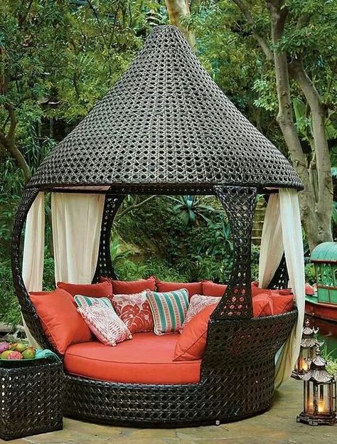 Outdoor seating. I would totally add a light in the top Outdoor Day Bed, Have Inspiration, Day Bed, Outside Living, Dream Backyard, Outdoor Ideas, Backyard Oasis, Outdoor Rooms, Outdoor Design