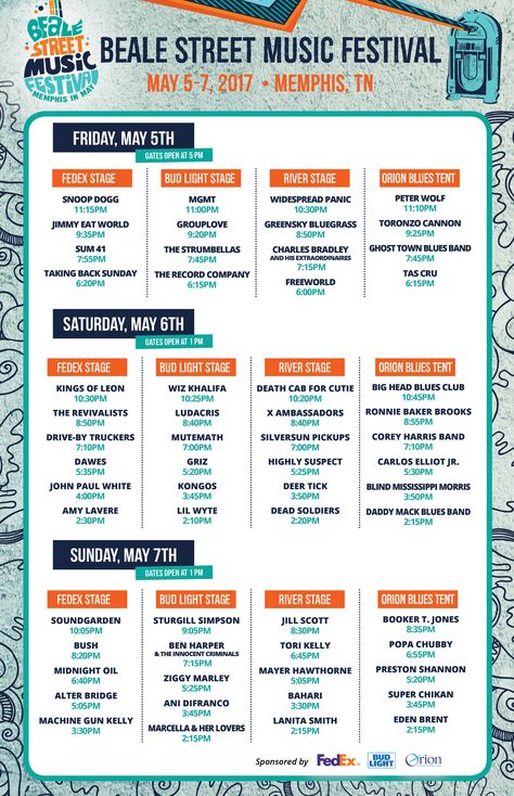 Schedule - Memphis in May International Festival Event Schedule Design, Beale Street Music Festival, Timetable Design, Jimmy Eat World, Social Media Content Strategy, Street Music, Its 2017, Beale Street, Name Card Design