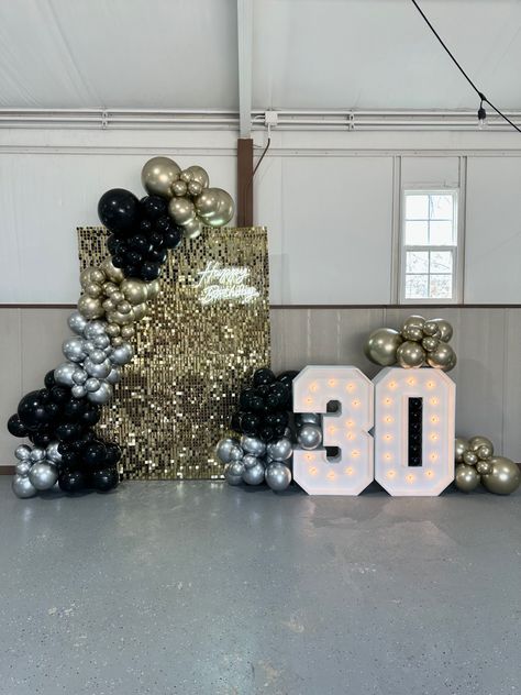 Sequin Wall With Balloons, Shimmer Wall With Balloons, Gold Shimmer Wall, Garland Balloon, Shimmer Wall Backdrop, Birthday 30, Sequin Wall, Black And Gold Balloons, 50 Birthday