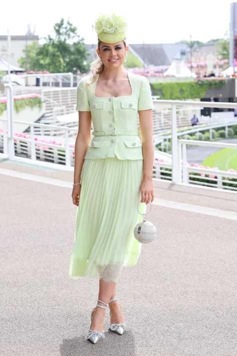 Royal Ascot guests impress in jaw-dropping dresses and daring hats as drinks flow on Day Four of racing | The Sun Ascot Dresses, Strawberry Dress, Hat Day, Light Blue Dresses, White Midi, Dressed To The Nines, Royal Ascot, Dress Hats, Wrap Dress Floral