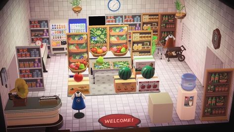 Animal Crossing Supermarket Ideas, Grocery Store Animal Crossing, Acnh Grocery Store, Store Animal Crossing, Animal Crossing Cafe, Blender Scenes, Corkboard Ideas Decor, Grocery Store Design, Acnh Ideas