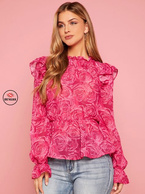 DENGSS Floral Print Ruffle Trim Flounce Sleeve Peplum Blouse Coachella Dress, Perfect Blouse, Work Chic, Floral Peplum, Holiday Party Dresses, Preppy Casual, Elegant Blouses, Peplum Blouse, Couture Tops