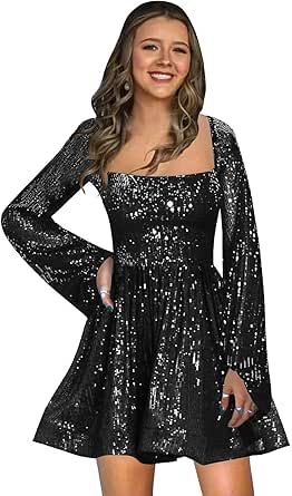 PRESEOSSA Sparkly Sequin Homecoming Dresses for Teens Long Sleeve A Line Square Neck Short Mini Cocktail Party Dress Black Glitter Dress Outfit, Black Glitter Dress Short, Long Sleeve Prom Dress Short, New Years Eve Outfits Black, Black Glitter Dress, Homecoming Dresses For Teens, Formal Ideas, Long Sleeve Homecoming Dresses, Homecoming Dresses Sparkly