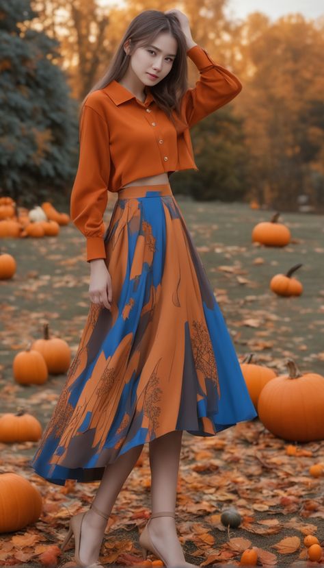 Capture the Essence of Autumn with this Chic Pumpkin Patch Outfit! Elevate your fall fashion game with a stunning combination of an orange shirt, a stylish blue skirt, and elegant heels. This aesthetic photo is the perfect inspiration for your seasonal wardrobe. Embrace the beauty of fall and make a statement with this trendy ensemble. #FallFashion #PumpkinPatchOutfit #AutumnStyle Cute Pumpkin Patch Outfits For Women, Orange Skirt Outfit Ideas, Fall Outfits Women Pumpkin Patch, Orange Spring Outfit, Pumpkin Patch Outfit Casual, Pumpkin Patch Outfit Ideas, Orange Skirt Outfit, Patch Outfit, Pumpkin Patch Outfit