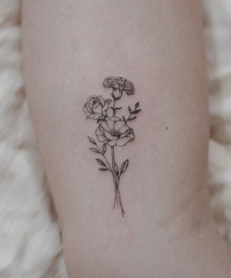 Tiny Motherhood Tattoos, Carnation And Rose Bouquet Tattoo, Rose Tattoo Bouquet, Carnation And Rose Tattoo Design, Carnation And Rose Flower Tattoo, Rose Carnation Tattoo, Roses Bouquet Tattoo, Carnation Bouquet Tattoo, Carnation And Rose Tattoo