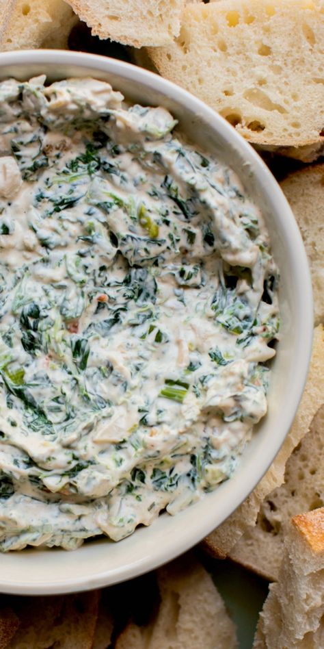 Cold Spinach Dip flavored with vegetable soup mix, green onions and minced water chestnuts for texture. #appetizer #crockpot #slowcooker Butterscotch Squares, Spinach Dip Cold, Spinach Dip Easy, Marshmallow Squares, Hot Spinach Dip, Spinach Dip Recipe, Artichoke Dip Recipe, Feta Chicken, Recipe Tin