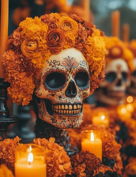 Day Of The Dead Flower Arrangements, Diy Dia De Los Muertos Altar Ideas, Day Of The Dead Decorations Diy, Day Of The Dead Birthday Party, Day Of The Dead Photoshoot, Day Of The Dead Wedding Theme, Dia De Los Muertos Decorations Ideas Altars, Day Of The Dead Decor, Day Of The Dead Marigolds