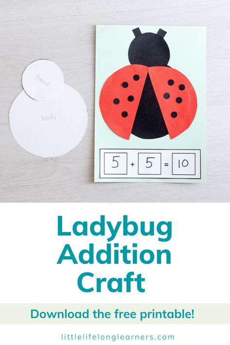 Ladybug addition craft for preschoolers and kindergarteners by Little Lifelong Learners. This ladybug addition craft is a fun and easy way to practice addition skills. Download this free ladybug addition printable template to playfully explore addition with your preschooler and develop early numeracy skills. Ladybug Addition Craft, Ladybug Addition, Ladybugs Kindergarten, Kindergarten Centres, Ladybug Ideas, Certificates Template, Early Numeracy, Dramatic Play Printables, Prek Crafts