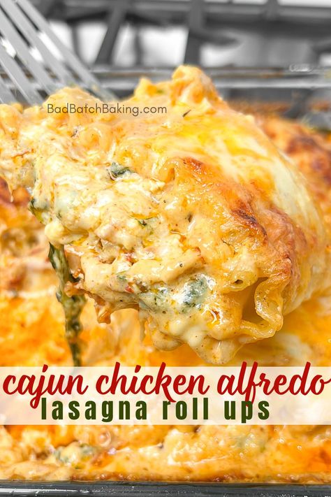 Cajun Chicken Lasagna Roll Ups - Bad Batch Baking - Restaurant Copycat Recipes & Family Favorites Cajun Chicken Lasagna, Chicken Spaghetti Bake, Monterey Chicken Spaghetti, Chicken Lasagna Roll Ups, Buffalo Chicken Lasagna, White Sauce Lasagna, Chicken Lasagna Rolls, Easy Chicken Tetrazzini, Spaghetti Bake