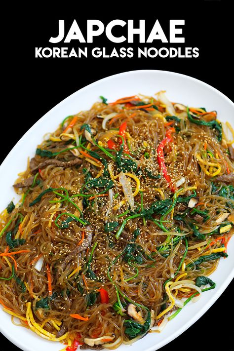 Chap Jae Recipe, Seongkyong Longest, Korean Japchae Recipe, Korean Japchae, Korea Recipes, Japchae Recipe, Korean Sweet Potato Noodles, Glass Noodles Recipe, Korean Glass Noodles