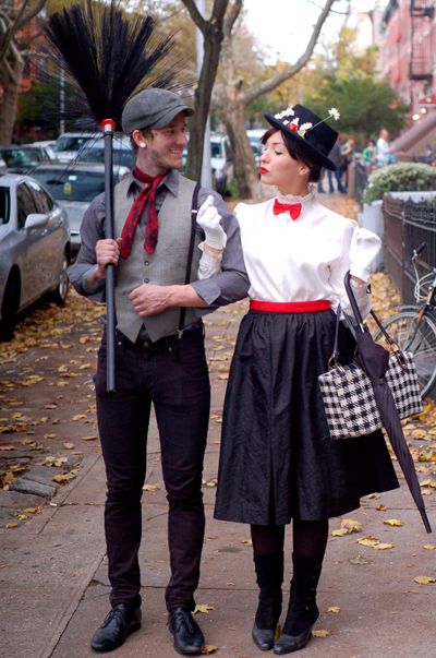 Hopefully you won't need a spoonful of sugar on the candy-filled night (candy is dandy, after all). But this couple's costume based on the childhood classic just may just blow your party guests away.See more at Keiko Lynn, and get instructions for similar costumes here.  - WomansDay.com Couples Fancy Dress, Disney Fancy Dress, Easy Couples Costumes, Couples Costumes Creative, Mary Poppins Costume, Cute Couples Costumes, Couples Cosplay, Best Couples Costumes, Holloween Costume