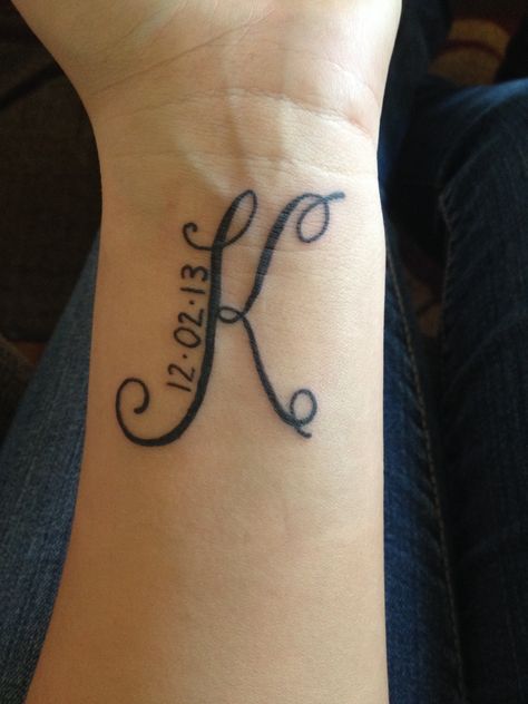 Initial & birthdate Birthday Date Tattoos For Women, Tattoo Ideas Numbers, Wedding Date Tattoo Ideas, K Initial Tattoo, Birthdate Tattoos, Birthday Date Tattoos, Birthdate Tattoo Ideas, Wedding Date Tattoos, Birthdate Tattoo